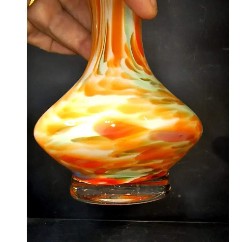 1843.  Art Glass Vase Bright End of Day Swirl Pattern Orange White and Green